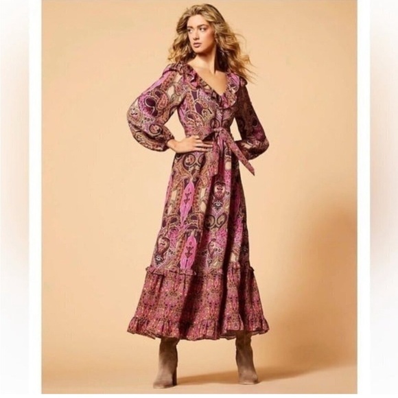 NWT A LOVES A Paisley Printed Ruffled Linen V-Neck Maxi Dress Bohemian Size L - Picture 1 of 17